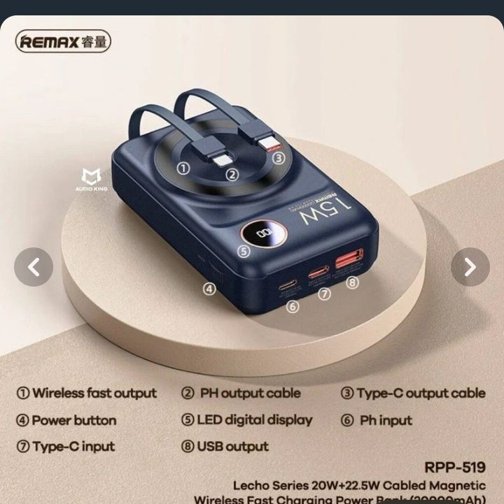پاور بانک وایرلس ریمکس مدل RPP-519 ظرفیت ۲۰۰۰۰ میلی آمپر ساعت
