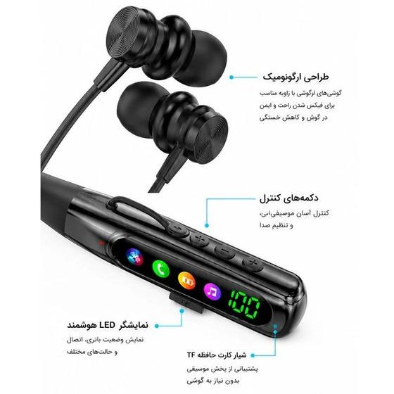 هندزفری گردنی بیسیم AKZ مدل R22 | رمخور با صفحه نمایش دیجیتال و کیفیت صدای عالی