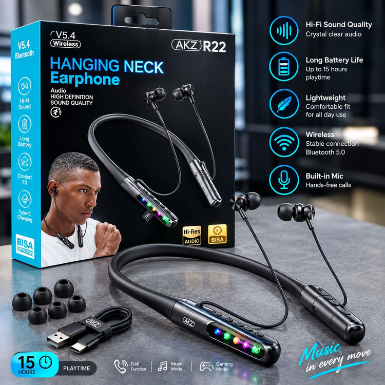 هندزفری گردنی بیسیم AKZ مدل R22 | رمخور با صفحه نمایش دیجیتال و کیفیت صدای عالی